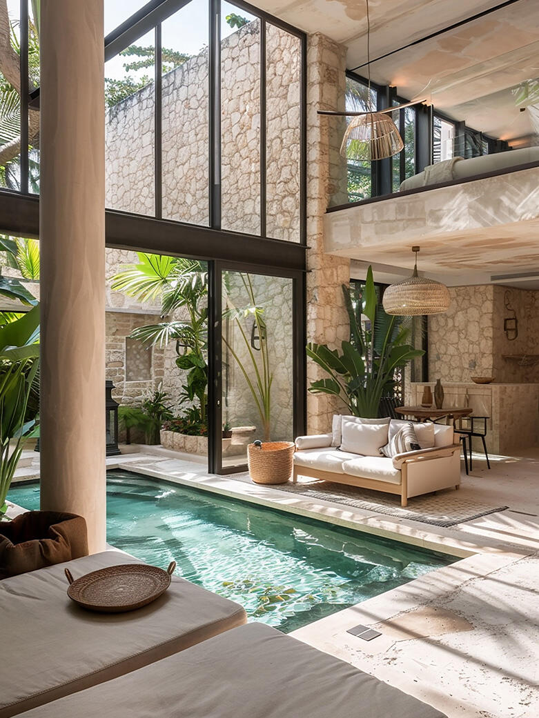 Luxury Mediterranean villa interior with an indoor pool, representing high-end real estate